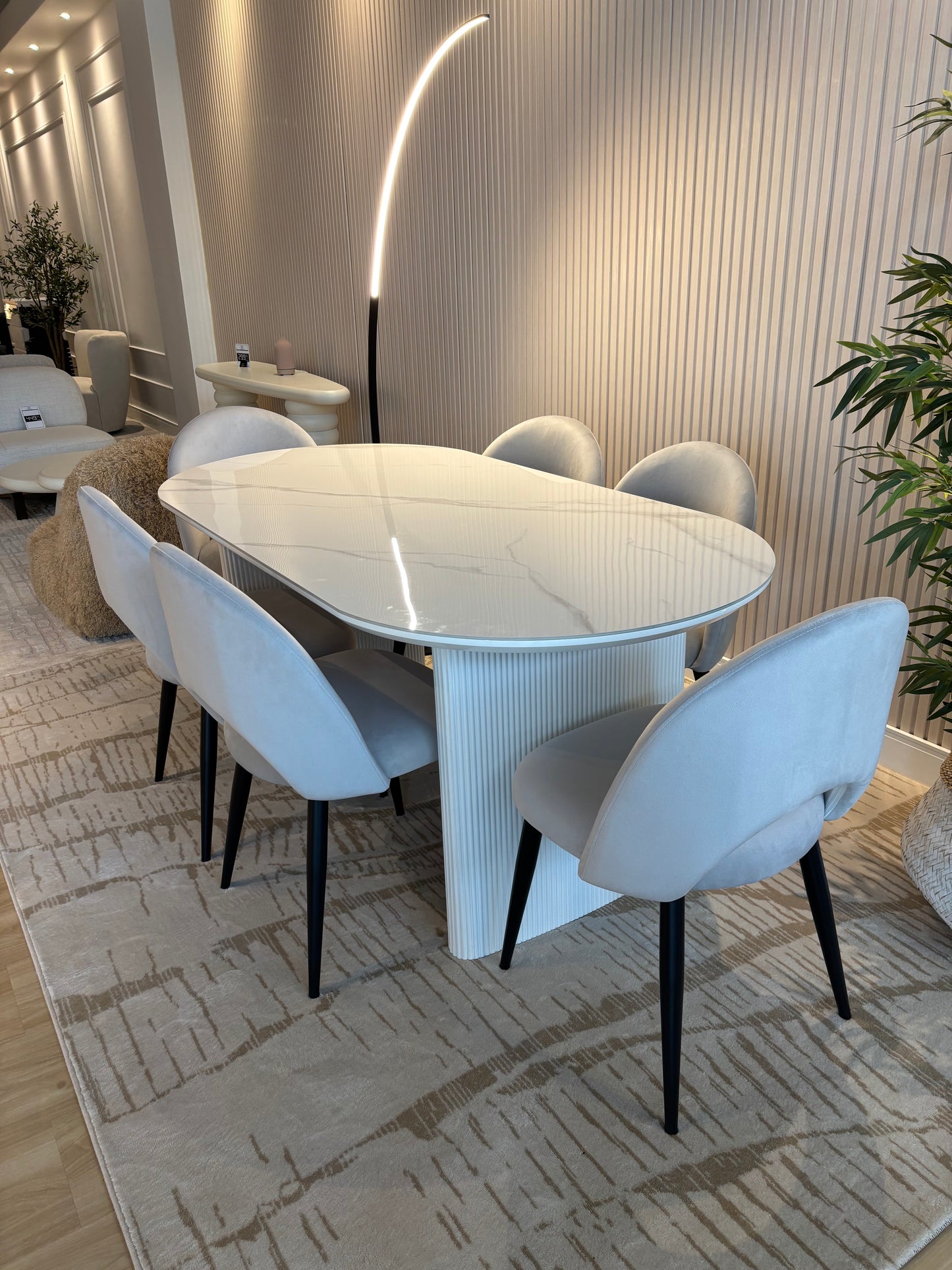 Juego de Comedor - Alba - 180cm + 6 Sillas de Terciopelo Lia Color Gris Oscuro