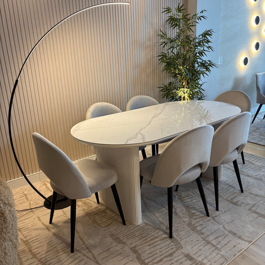 Juego de Comedor - Alba - 180cm + 6 Sillas de Terciopelo Lia Color Gris Oscuro