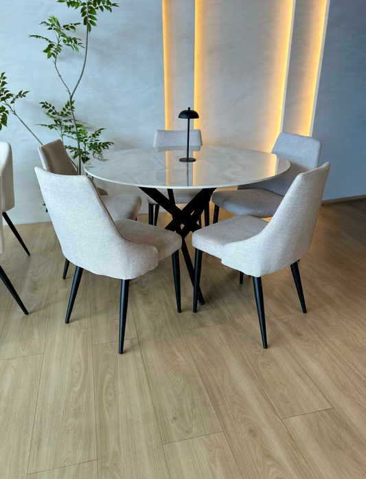 Juego de Comedor - Lara Base Negra  + Sobre Gris Brillante + 5 Sillas Hera